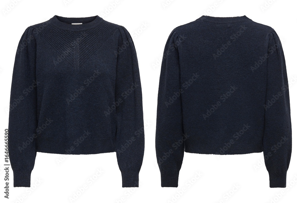 Fototapeta premium Sweater Garment in Dark Navy with Crew Neck and Long Sleeves, Front and Back Views on White Background for Clothing Fashion Catalog Imagery