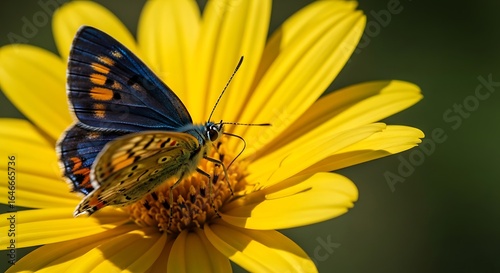 Close-up shot of a vibrant butterfly perched on a bright yellow daisy flower basking in the sunlight