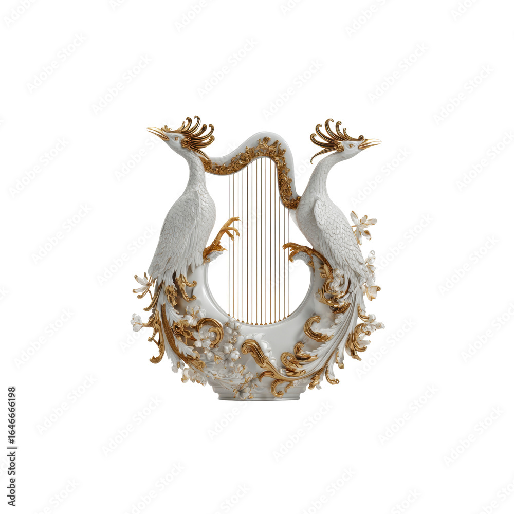 Obraz premium Elegant Porcelain Harp Sculpture with Golden Accents and Birds