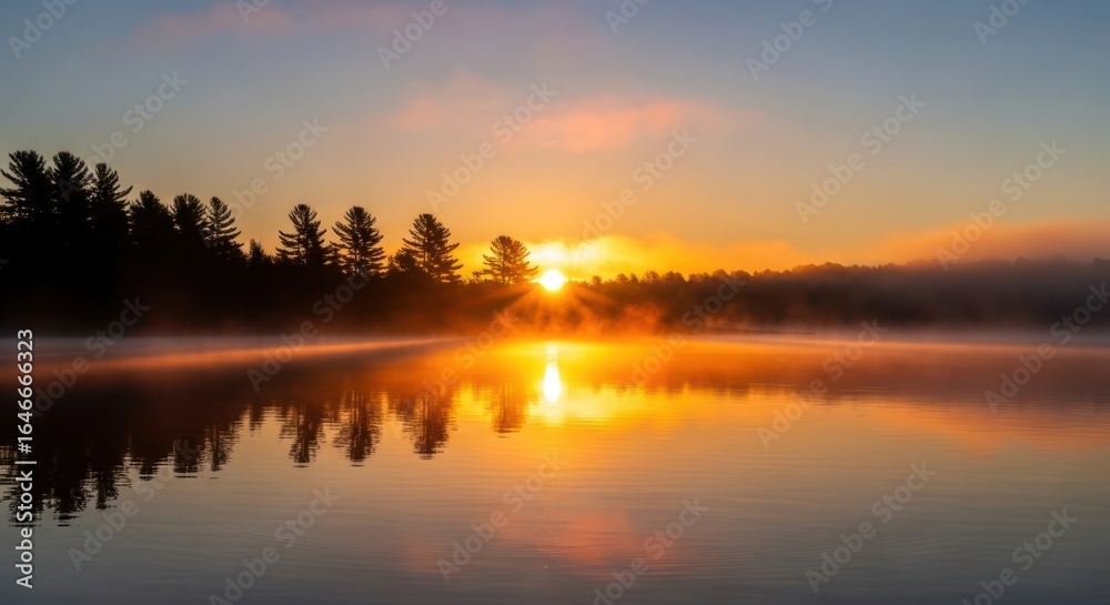 Fototapeta premium Golden Sunburst Pierces Morning Mist Over a Serene, Reflective Lake