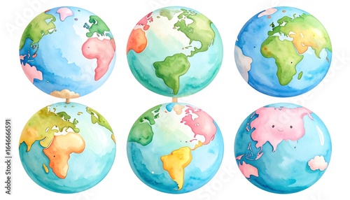 Six watercolor globes, each showing a different view of Earth's continents