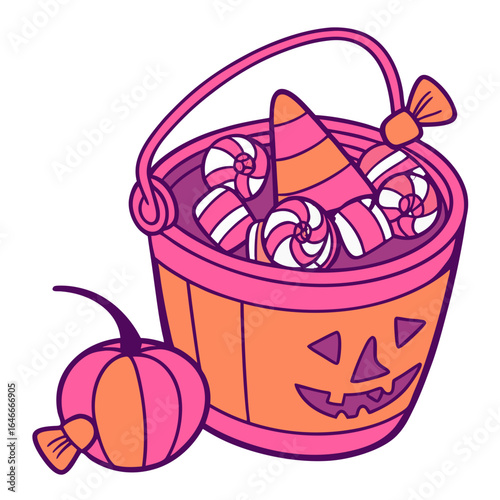 Neon Halloween Candy Bucket Filled with Treats – Festive Vector Illustration. Perfect for: kids’ Halloween parties, candy branding, Halloween digital art
