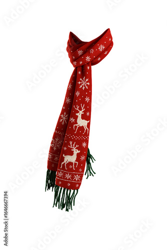 Red Christmas Scarf with Snowflake and Reindeer Pattern — Festive Knitted Neckwear on Transparent Background
