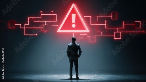 Digital Crisis: A lone figure stands beneath a glowing red warning sign, surrounded by an intricate network of lines, hinting at the complexity of cyber threats.