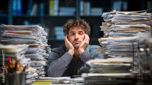Overwhelmed by Bureaucracy: A person is trapped amidst stacks of documents, capturing the essence of modern-day corporate challenges, bureaucratic stress, and the burden of paperwork
