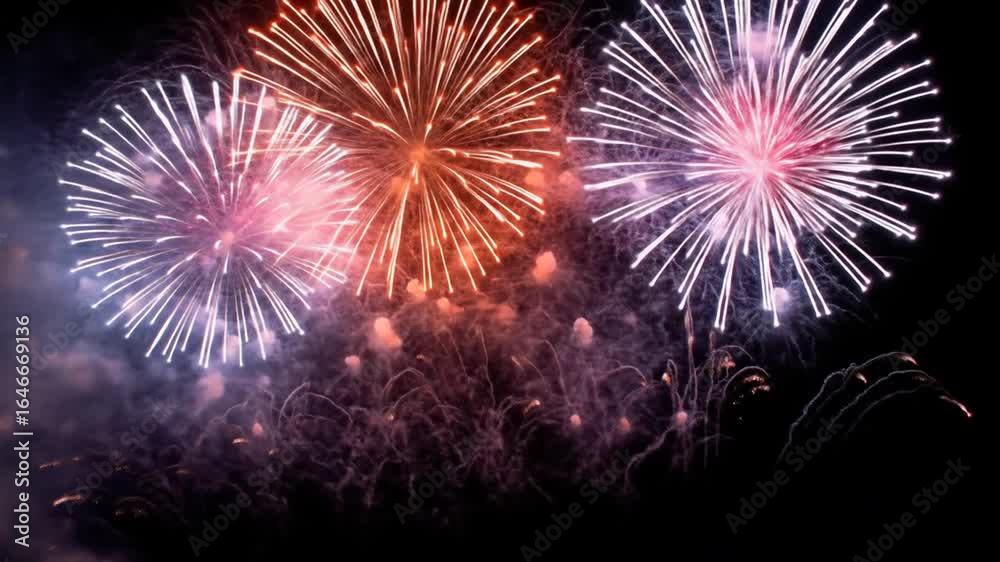 Fireworks explode in a dark sky, creating streaks of light and dissipating smoke Fireworks explode in a dark sky, creating streaks of light and dissipating smoke