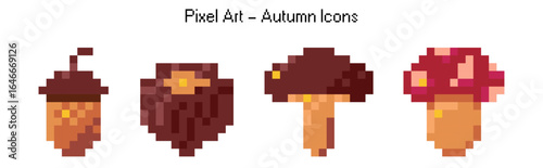 Mushroom pixel art sprites. Mosaic video game fall icon with chestnut and acorn. Red autumn season website or country arcade decoration design with shading. Vintage environment and cozy illustration.