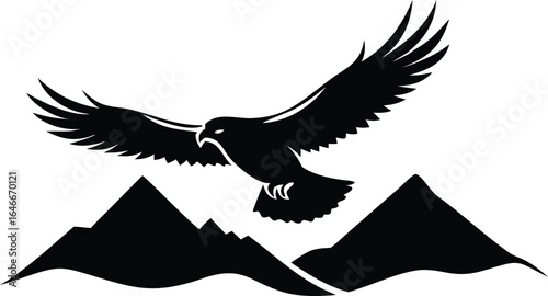 Black silhouette eagle flying over mountain peaks on white background hawk bird