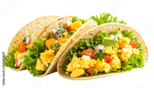 Three tacos with scrambled eggs, mango, and vegetables