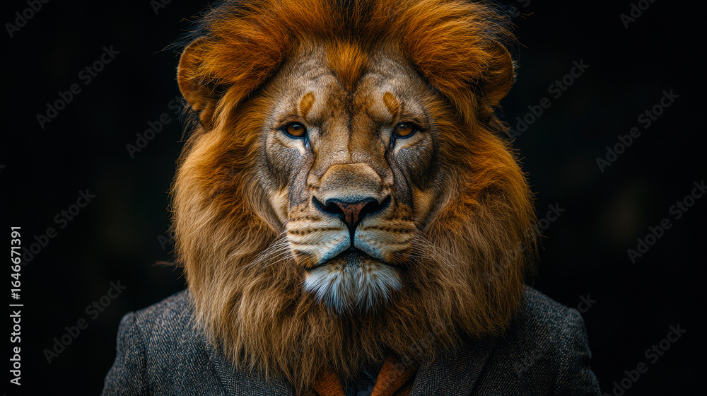 Naklejka premium Lion in Suit Corporate Portrait, Majestic Animal Business Concept, Powerful CEO Professional Theme, Leadership and Strength Symbol, Unique Animal Photography