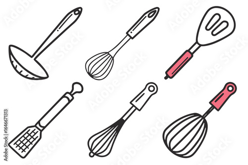 Set of handdrawn kitchen cooking utensils isolated on white background