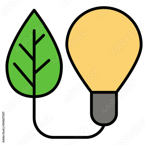 Green energy concept with a leaf connected to a lightbulb, symbolizing sustainable power, eco-friendly ideas, and renewable resources.