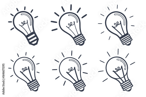 Group of black and white handdrawn lightbulb icons for ideas and concepts