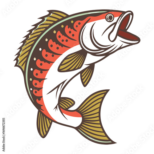 Jumping largemouth bass isolated on white background