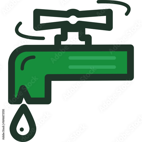 Vector icon of a dripping green faucet, symbolizing water conservation, environmental care, and plumbing services.