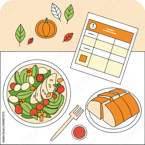 A healthy and balanced meal featuring a fresh salad and sliced chicken breast accompanied by autumn decorations and a planning sheet