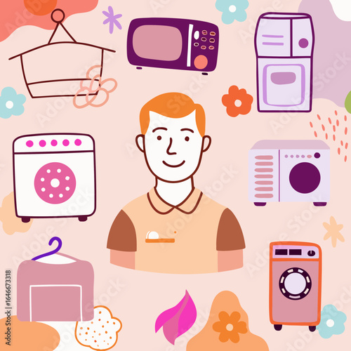 Friendly appliance representative surrounded by various household appliances in a colorful illustration