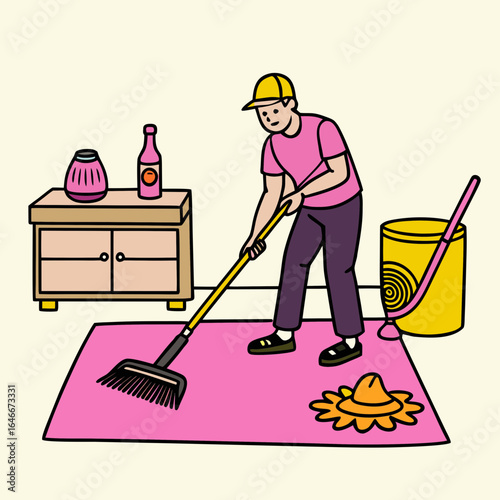 Man cleaning carpet with broom and supplies in a colorful illustration
