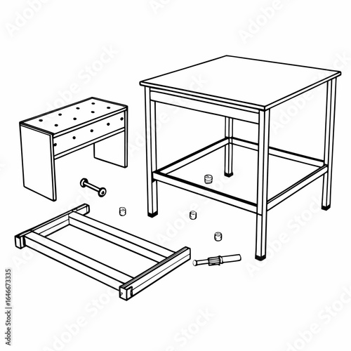 Detailed sketch of furniture assembly process with parts and tools