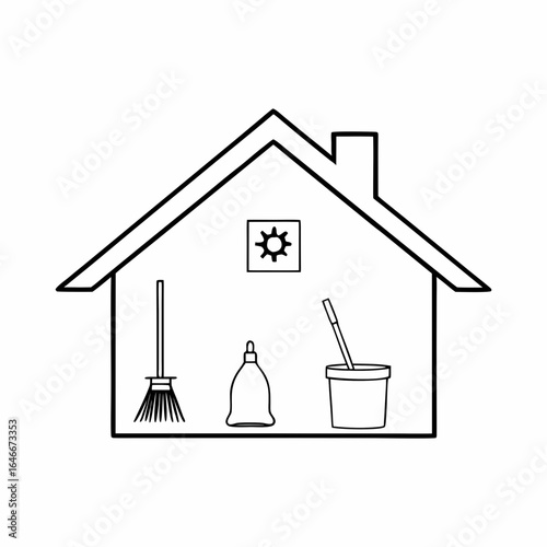 Simple black and white house cleaning illustration featuring cleaning tools inside a house shape