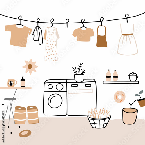 Stylish laundry room illustration with hanging clothes and washing machine