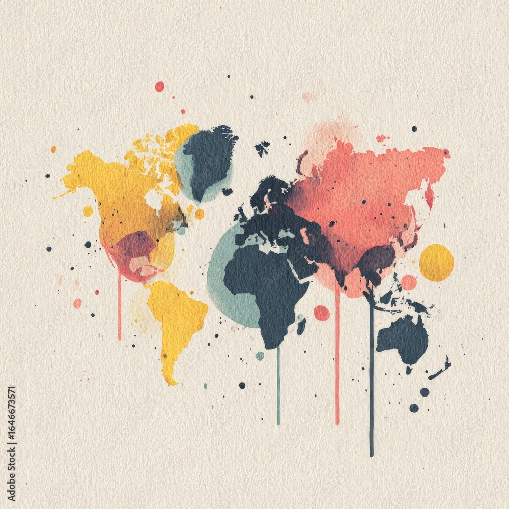 Fototapeta premium Abstract world map, painted with drips and splashes of color