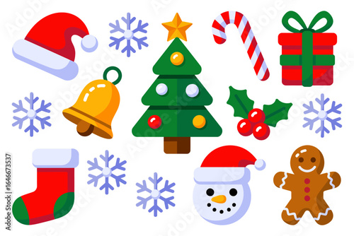 Cute christmas elements with santa hat bell tree holly berries snowflakes stocking snowman and gingerbread, playful winter sticker pack, vector illustration