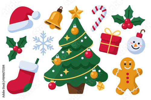 Tree and character mix with santa hat bell gift snowman stocking mitten candy cane holly and gingerbread, cheerful holiday icon set, flat vector design