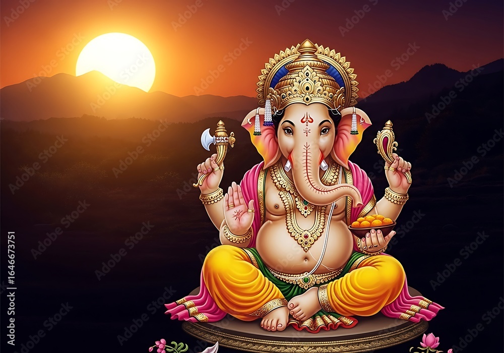 Obraz premium Ganesha blessing with sunset and mountains, a symbol of wisdom