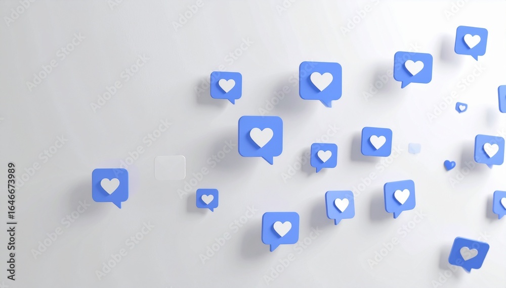 Naklejka premium 3D illustration of a blue speech bubble with a white heart icon, floating on a light gray background.&nbsp; Represents the concepts of likes, positive feedback, social media interactions,