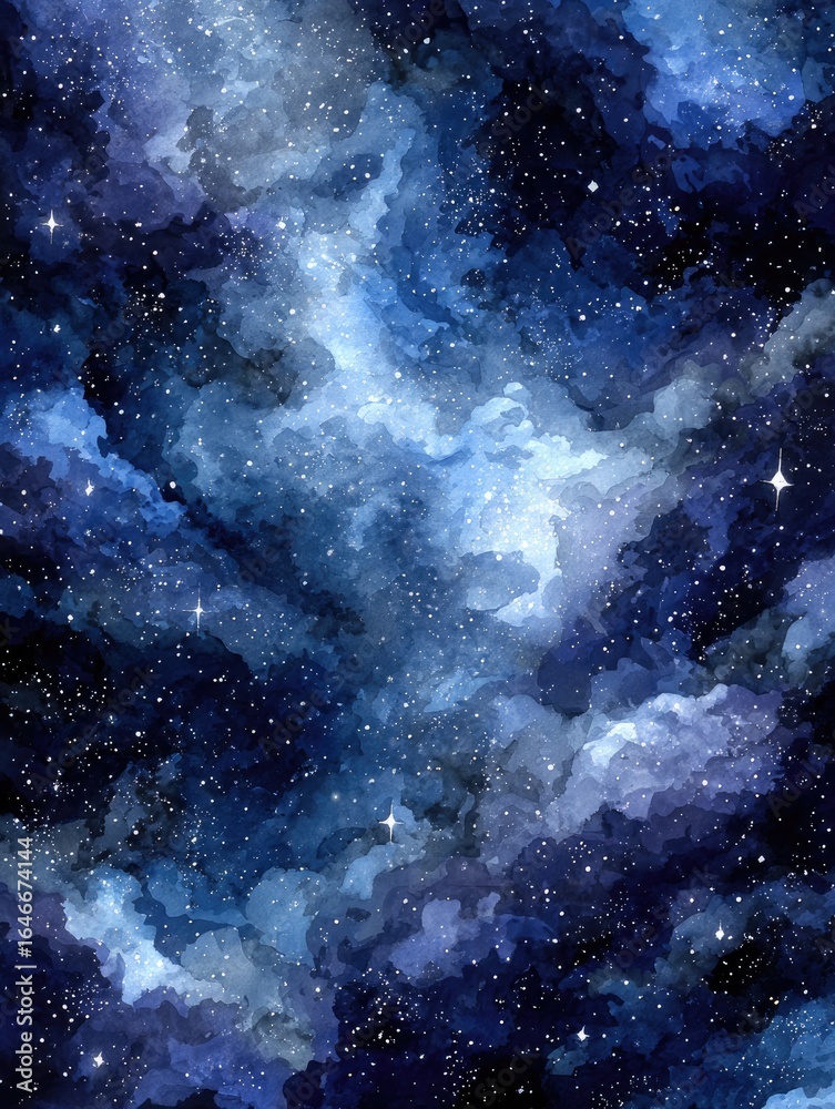 Fototapeta premium Cosmic nebula, swirling blues and blacks, dotted with stars