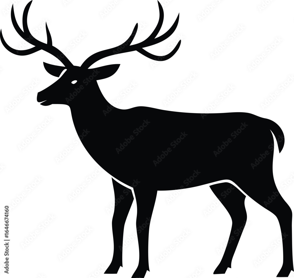 Obraz premium Black Silhouette of a Deer with Antlers on White Background stag