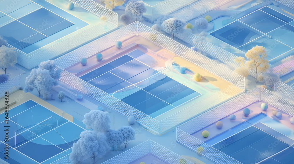 Obraz premium Colorful Isometric Tennis Courts with Trees in Pastel Tones