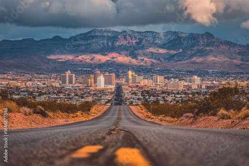 Desert highway leading to city, mountains in background