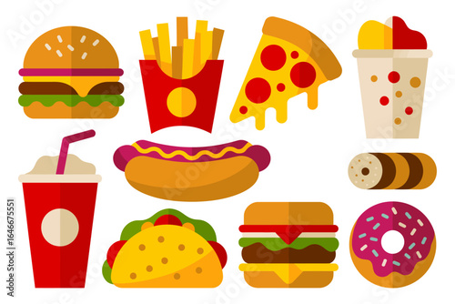Fast food icon set with burger fries pizza hot dog taco donut and soda, street food clip art, bright color snack pack, flat vector collection