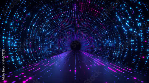Digital tunnel with glowing blue and purple lights creating futuristic and immersive technology atmosphere