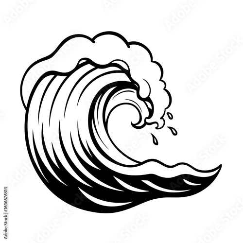 Vector art of black and white illustration of a crashing ocean wave isolated on white background