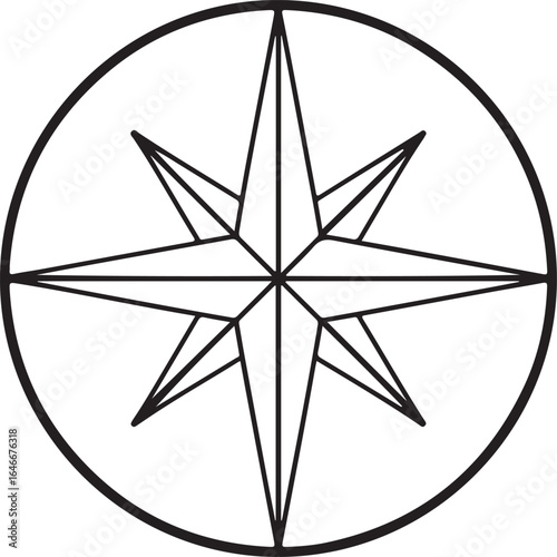 Simple black and white outline of an eight pointed star compass rose inside a circle