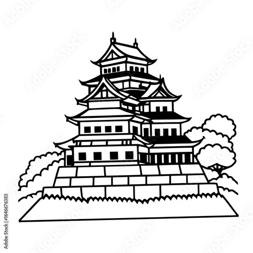 Vector art of traditional japanese castle with tiered roofs and stone base isolated on white background
