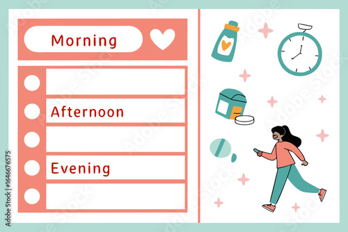 Daily health routine tracker featuring morning afternoon and evening sections with medical icons and a person taking medication