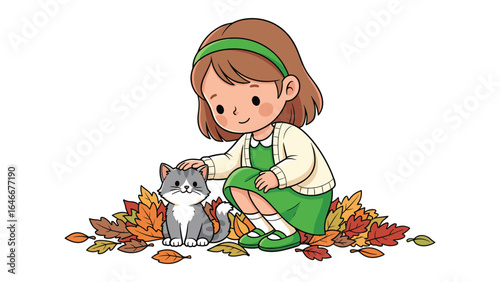 Illustration of a Little Girl Petting Her Gray Cat Surrounded by Fall Leaves in Cartoon Style