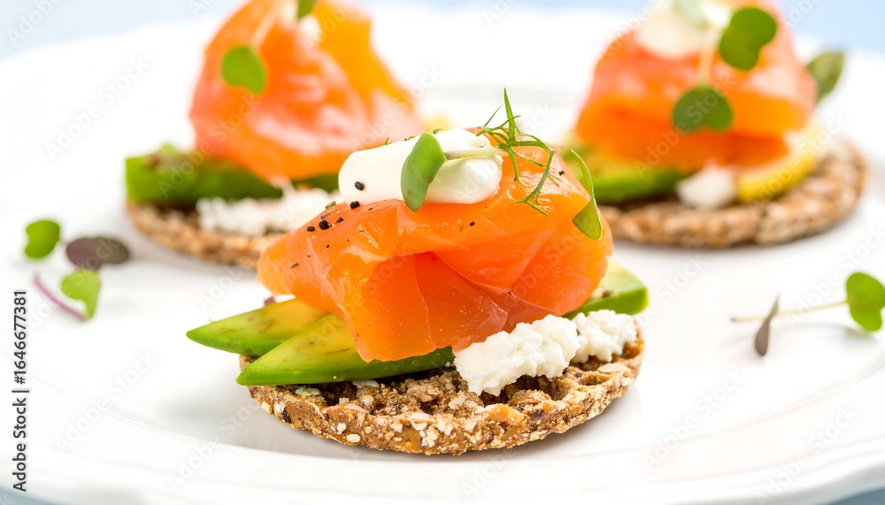 Smoked salmon canap?s on crispbread with avocado and cream cheese Smoked salmon canap?s on crispbread with avocado and cream cheese