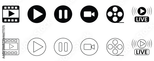 Video icon vector collection. Video icon set. Icons for camera, play, pause, media, online video, live, player, movie and cinema, streaming, film, video recording and more. Vector illustration.