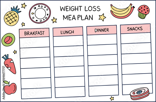 A cute and colorful hand drawn weight loss meal plan chart with sections for breakfast lunch dinner and snacks adorned with playful food illustrations and stars