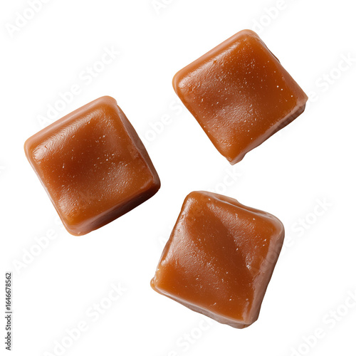 Top view of 3 toffee pieces isolated on a transparent background
