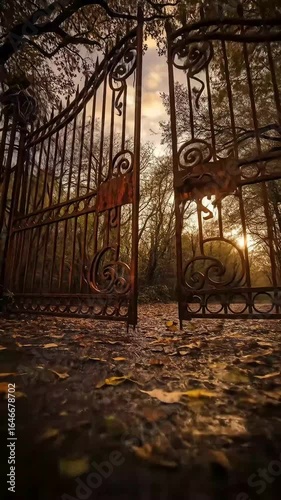 Wallpaper Mural Open rusty gate autumn park sunset background Torontodigital.ca