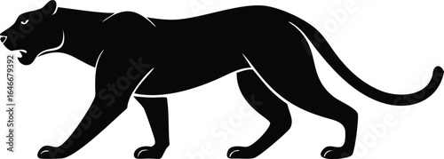 Black silhouette of a walking panther with open mouth big cat predator