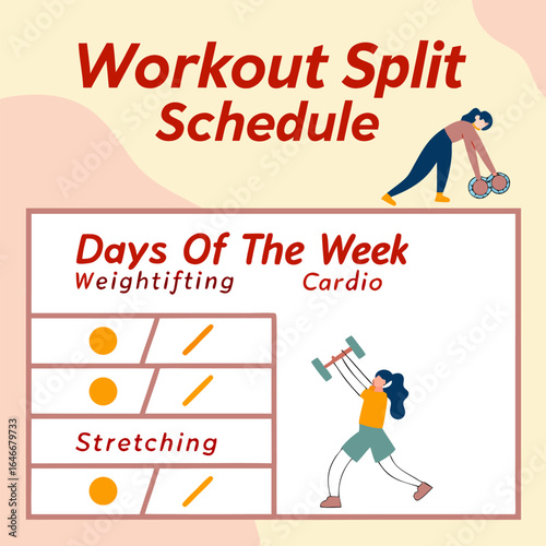 Organized workout split schedule for weightlifting cardio and stretching demonstrating a weekly fitness routine with visual cues for activity planning
