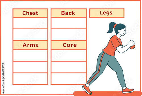 Illustration of a woman exercising with a workout plan chart divided into muscle groups like chest back legs arms and core for fitness tracking