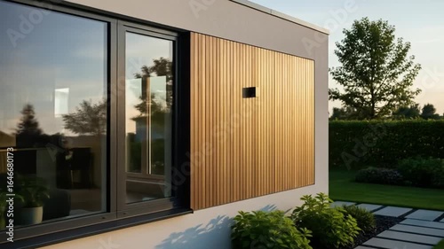 Facade of a modern home featuring vertical wood cladding and a large window overlooking a manicured garden at dusk.